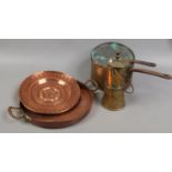 Two copper cooking pan, copper plaque embossed with a Yorkshire rose and a brass lamp stamped Shire.