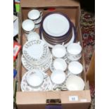 A box of mostly bone china part tea services including Royal Albert 'winsome' and examples