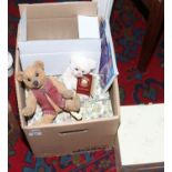 A box of Cherished teddy figurines along with a Cherished teddies wooden hut and a Charlie bears
