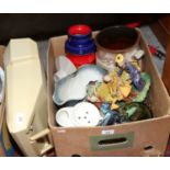 A box of miscellaneous to include Corona typewriter, West German pottery vase, art glass,