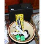 A box of miscellaneous to include old pancheon, composite figures, vintage pipes,