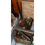 A collection of metalwares to include log box, companion set, bed pan etc.