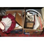 Two boxes of miscellaneous to include records, Staffordshire tablewares, lamp and pictures etc.