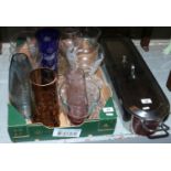A box of coloured and clear glass vases, along with a stainless steel fish kettle.