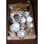 A box of miscellaneous including Indian Tree tea/dinnerwares, Wade piggy bank, Minton, Royal Albert,