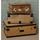 Two vintage metal bound pine storage boxes along with a similar stencilled example.