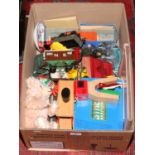 A box of childrens toys including Steiff teddy bear, Hornby tin plate gauge rolling stock,