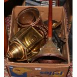 A box of metalwares to include a Swiftsure vacuum washer, brass candlesticks, oil road lamp,