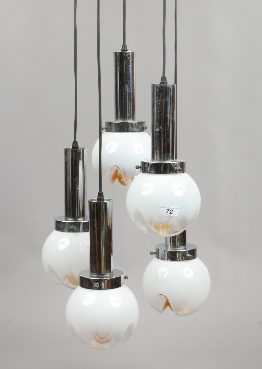 A retro five drop chrome and Murano milchglas suspension light fitting with globular shades.