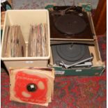 Two record player platforms including a Garrard example along with a quantity of 78rpm records.