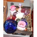 A box of miscellaneous to include figurines coloured and decorative glasswares,