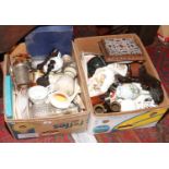 Two boxes of miscellaneous to include cabinet plates, glass decanters, silver plate etc.