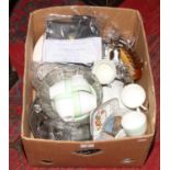 A box of miscellaneous to include bone china teaset, silver plate serving trays, Wade,