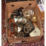 A box of collectables including a torsion clock for repair, bellows, antique book slide etc.