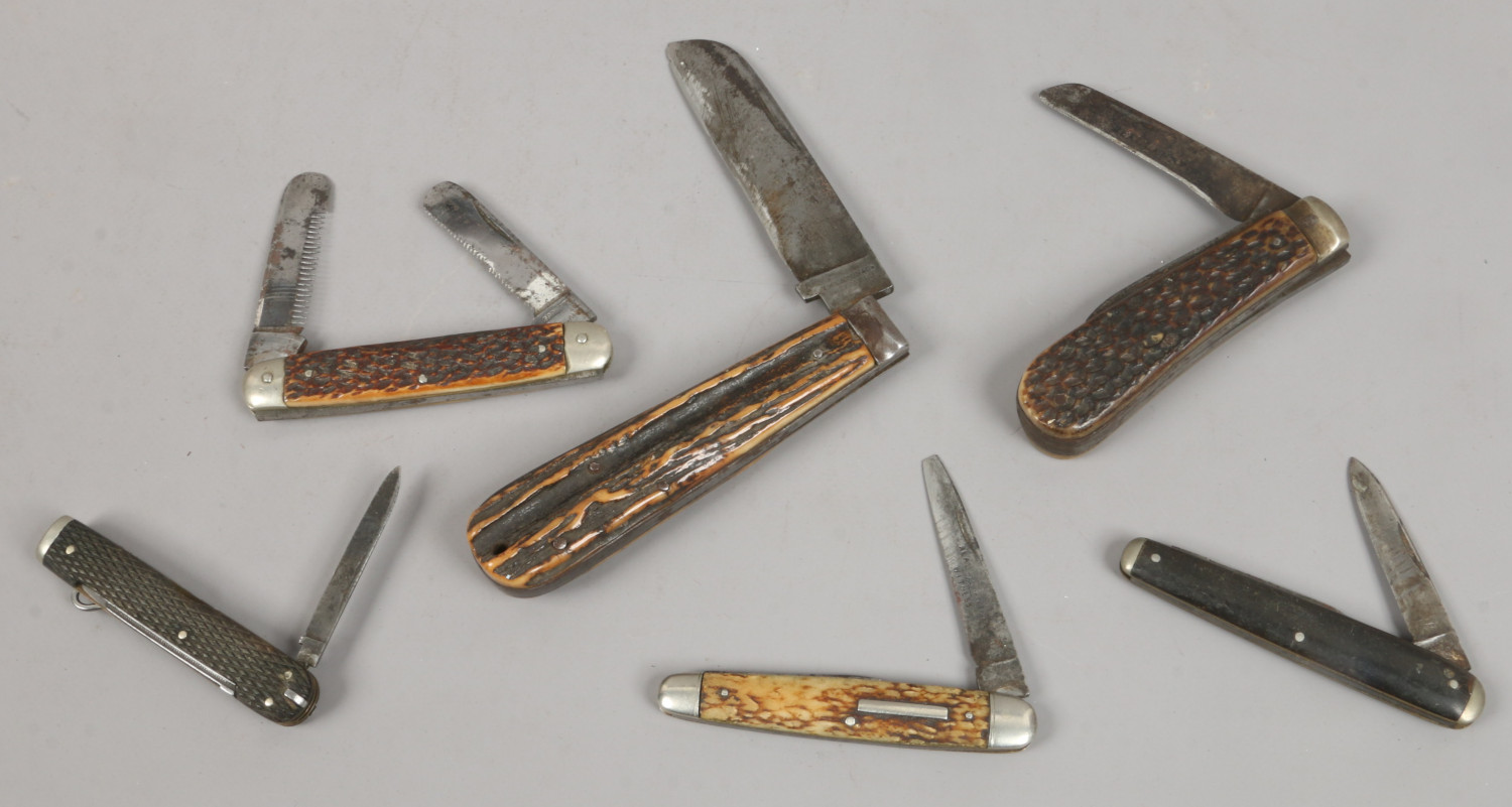 Six bone handle pocket knives to include a T. W. Eaton & Co. Sheffield example.