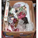 A box of miscellaneous ceramics and glass etc including cranberry oil lamp base and military figures