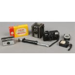A quantity of photographic equipment including a Six-20 folding Brownie camera in original box,