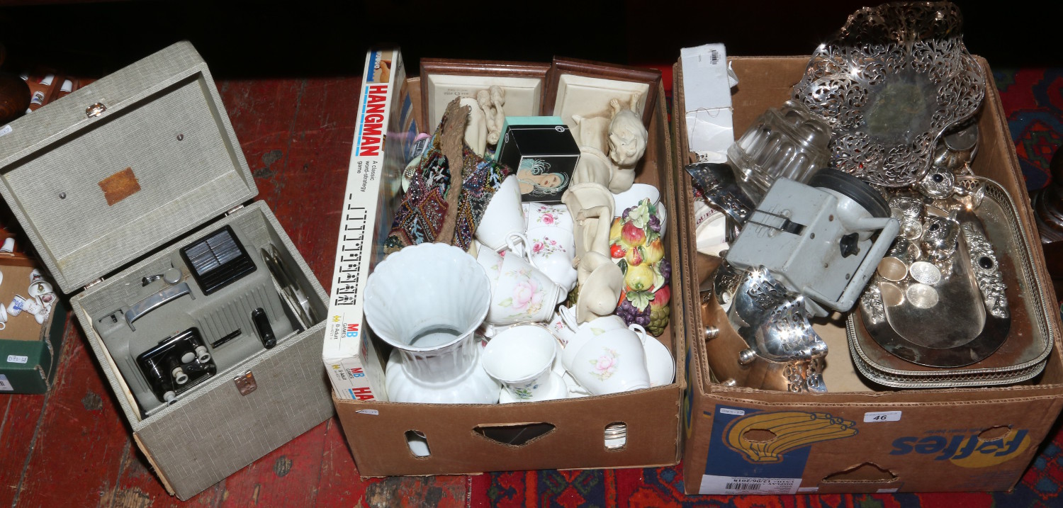 Two boxes of miscellaneous to include bone china teawares, commemorative ware, silver plate, Eumig