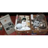 Two boxes of miscellaneous to include bone china teawares, commemorative ware, silver plate, Eumig