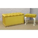 A mustard upholstered buttoned blanket box and matching stool.