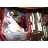 A box of pottery, glass and ceramics, along with a collection of tennis / badminton rackets, brass