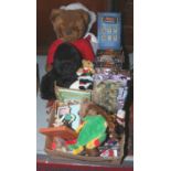 Two boxes of children's toys including teddy bears, action figures, Diecast vehicles, Rupert The