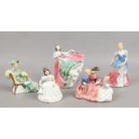 Three Royal Doulton figures of ladies, one of a girl and a figure group The Bedtime Story.