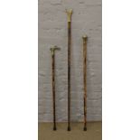 Three walking sticks. One a thumb stick with antler handle, a brass handled stick and one with a
