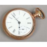 A Waltham Napoleon gold filled pocket watch with white enamel dial, Roman numeral markers and