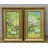 Mellony Cliff gilt framed pair of pen and watercolour, woodland meadows.