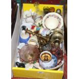 A box of miscellaneous ceramics, glass and metalwares brass candlesticks, sugar shaker, Poole,