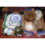 Two boxes of miscellaneous to include pottery teapots, blue and white ceramics, wooden glass