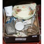 A box of miscellaneous to include Masons, Eva D beadwork purse, commemorative ware, Robertson jam