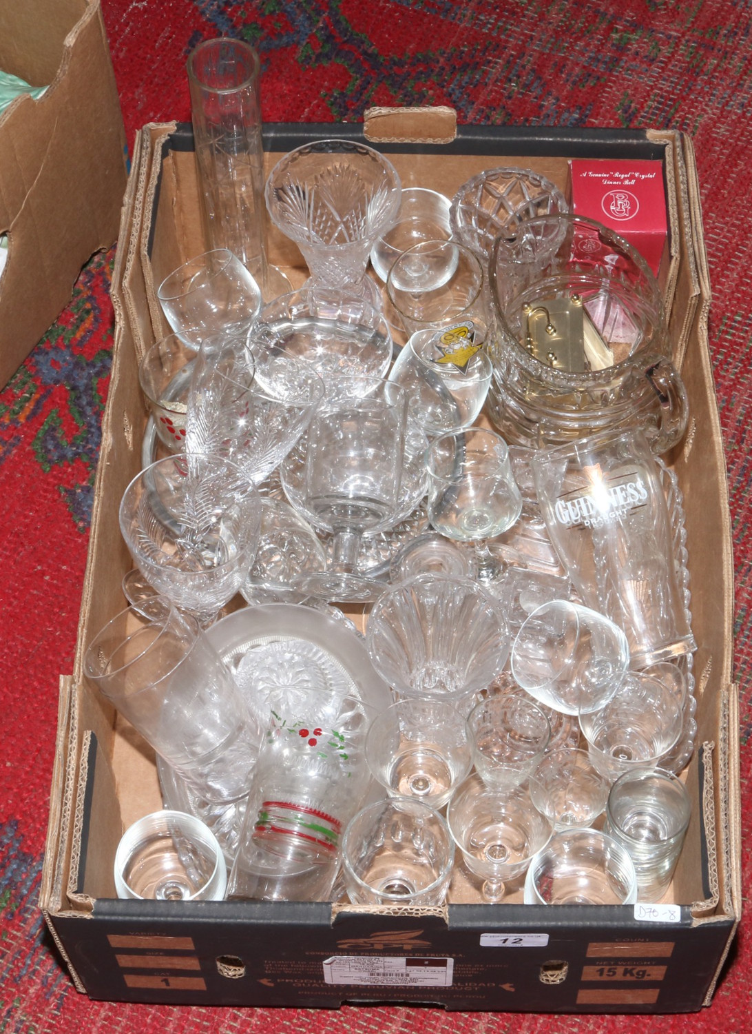 A box of mixed glasswares including drinking vessels, vases etc.