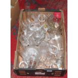 A box of mixed glasswares including drinking vessels, vases etc.
