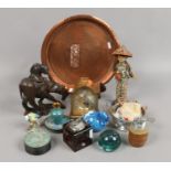A group of mixed collectables to include brass Swiza clock, hardwood buffalo, glass paperweights,