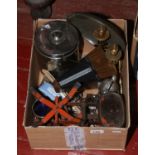 A box of collectables including cast iron weighing scales and weights, metronome, Wedgwood