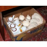 A box of teawares and coffee service to include coffee pot, tea cups and saucers, sugar pot etc.
