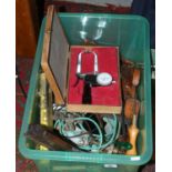 A box of hand tools including block plane, pincers, spanners etc. Along with a cased Idass