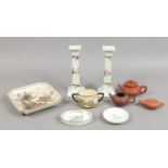 A small collection of mixed ceramics including Chinese red stoneware teapots and a Royal Doulton