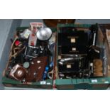 Two boxes of photographic equipment including Kodak, Ensign Epsilon, pistol grips, light meters,