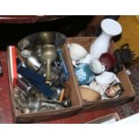 A box of pottery and ceramics including jardiniere on stand, vases, cookware etc.