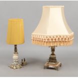 An onyx and brass tablelamp along with a smaller example.