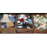 Three boxes of miscellaneous to include pyrex floral dinnerwares, Salisbury teawares, glassware,