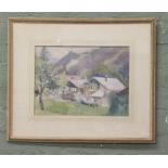 A framed watercolour titled 'Rougemont' Switzerland, depicting an Alpine landscape with chalets in