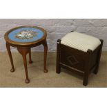 A circular occasional table with bead work top along with a mahogany upholstered storage stool.