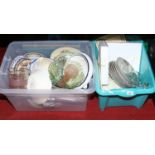 Two boxes of miscellaneous ceramics, glass and pottery to include Palissy part dinner service