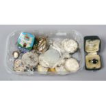 A box of collectables to include enamel badges, coins, cameo ring etc.