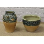 A stoneware planter along with similar strawberry pot, both by S&J Saxton Tealey Pottery.