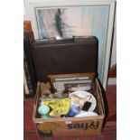 A box of miscellaneous to include Samsonite case, cabinet plates, framed pictures etc.